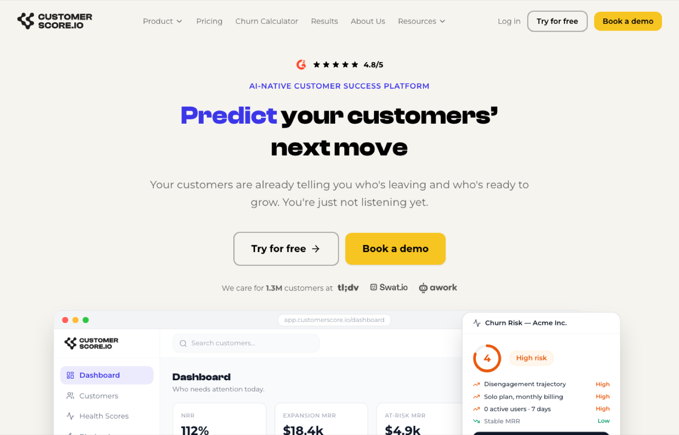 Customerscore.io account health dashboard