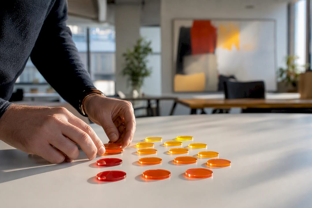 Hands arranging risk category tokens on glass board