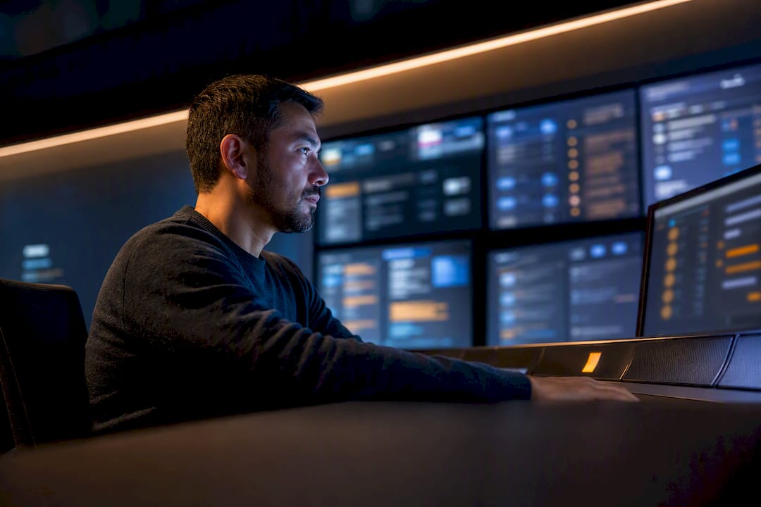 Engineer reviewing system alerts in operations room