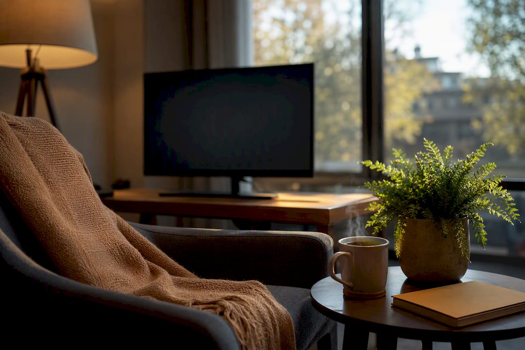 Analytics workspace with dark screen and tea cup