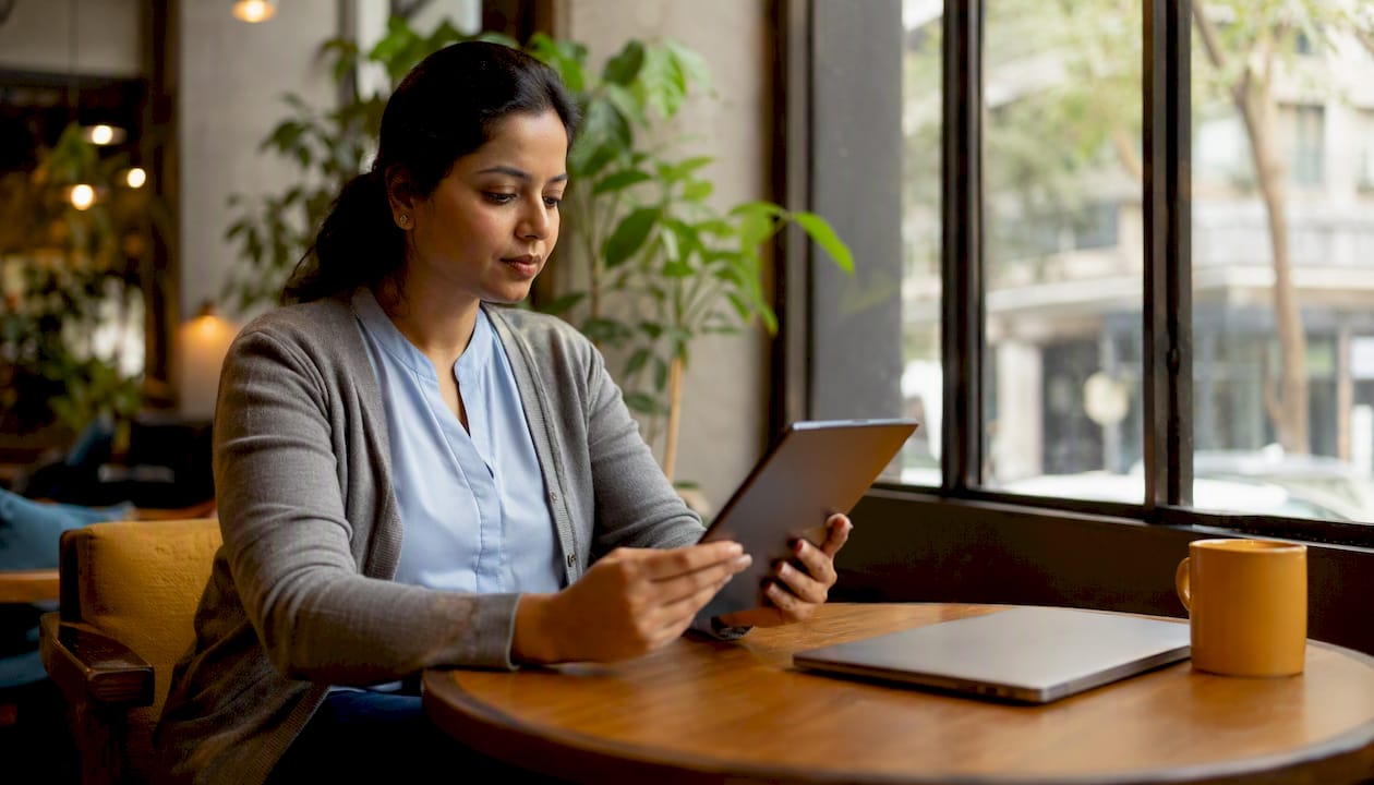Woman analyzing SaaS retention data at home office