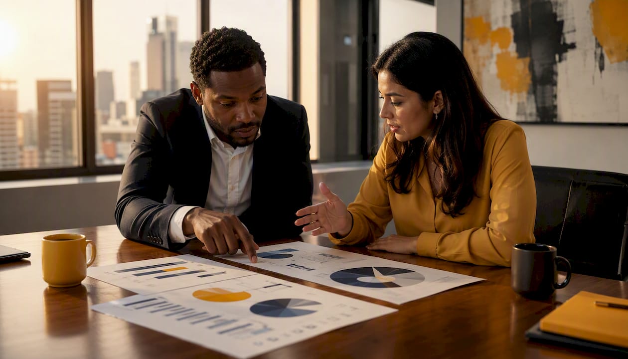 Two professionals discussing SaaS cohort charts in office