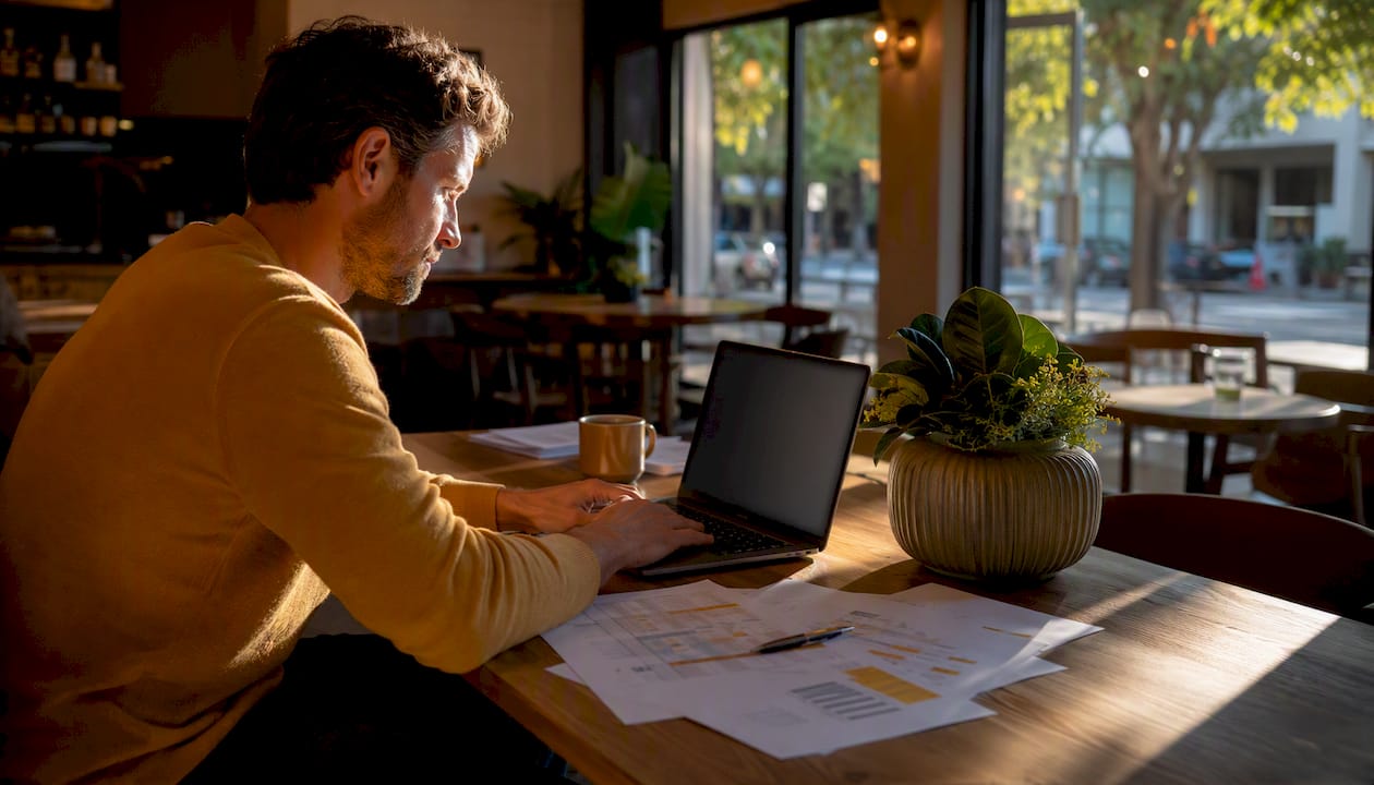 Close-up of hands entering SaaS cohort metrics on laptop