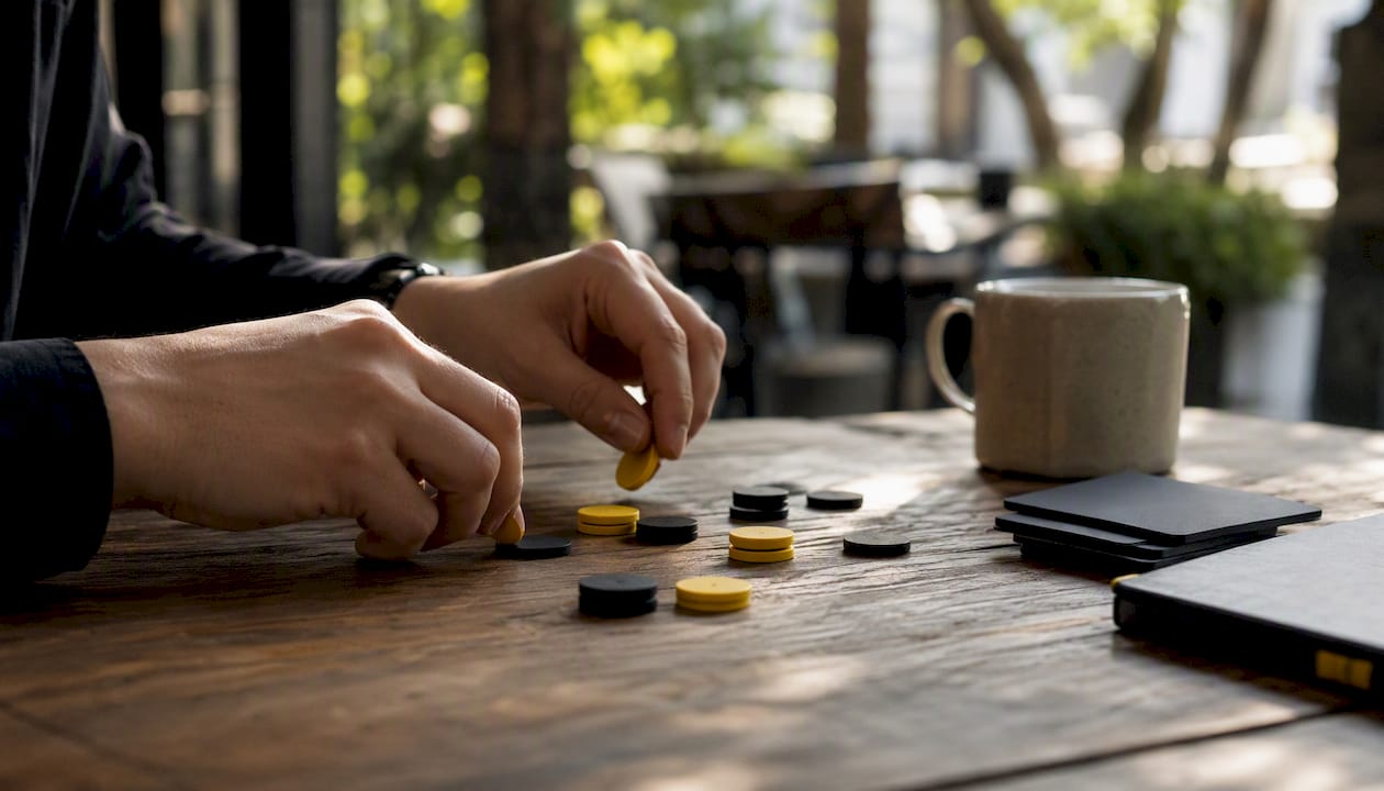 Hands arranging budgeting tokens on table