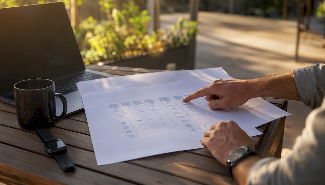 Hands pointing at event tracking schema blueprint