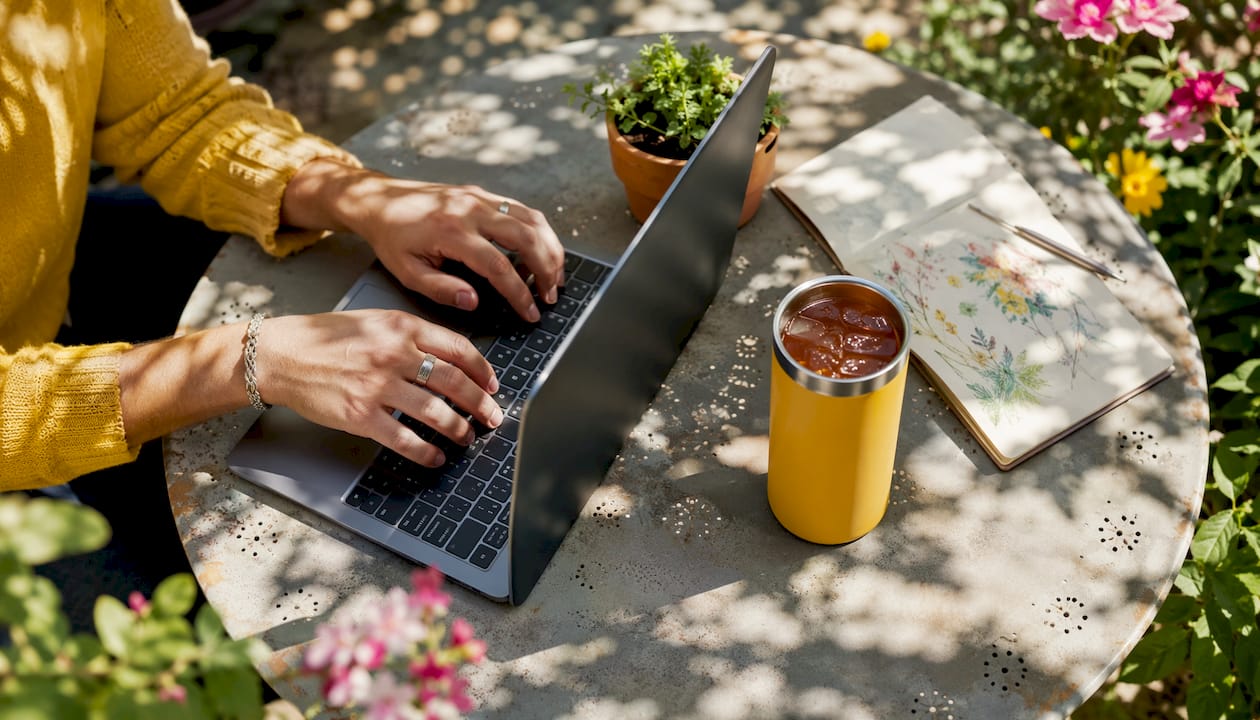 Hands typing on laptop in office setting
