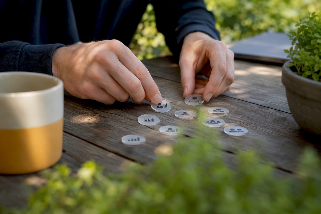 Hands arranging data tokens on desk