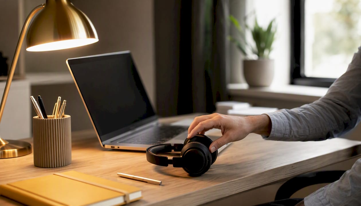 Close-up of workplace with headset and laptop