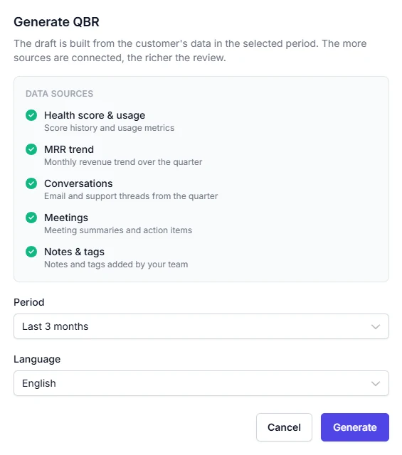 The Generate QBR dialog listing connected data sources, with period and language selectors