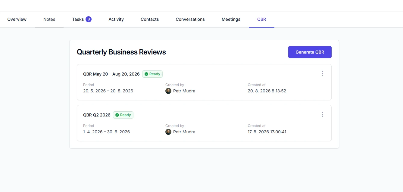 The QBR tab on a customer detail, listing generated reviews with their period and status
