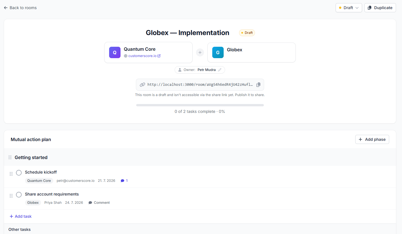 The room editor: both companies side by side, the share link, and the mutual action plan with tasks assigned to each side