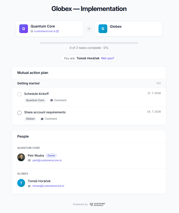 What the customer sees: the plan, the progress bar, and the people from both teams on one public page