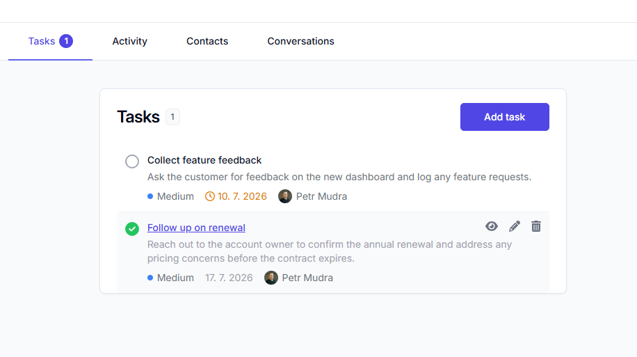 Tasks on a customer detail