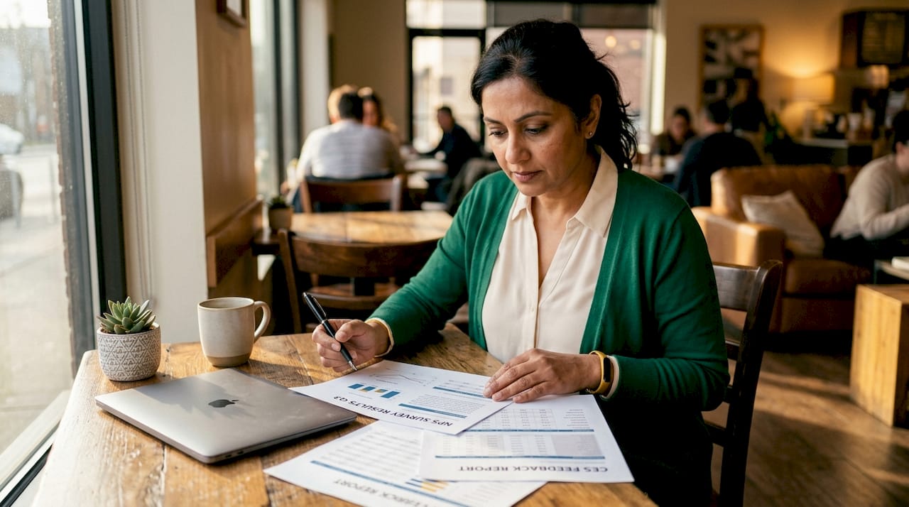 Woman analyzing NPS and CES survey reports