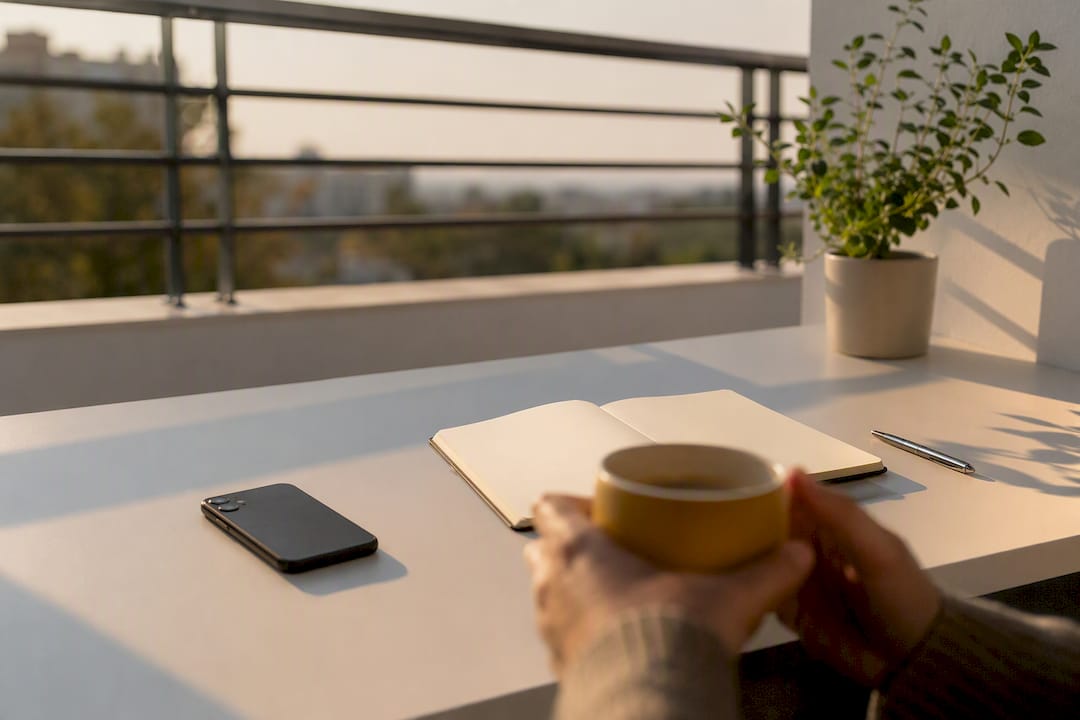 Coffee cup and face-down phone on desk
