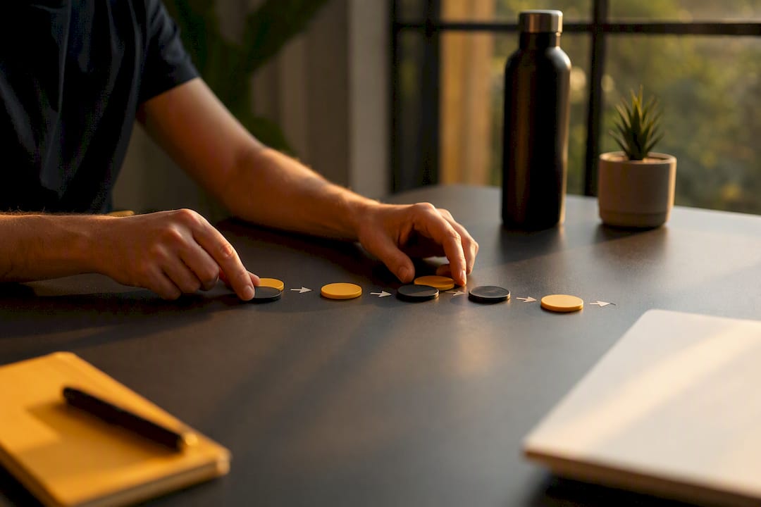 Hands arranging onboarding sequence tokens
