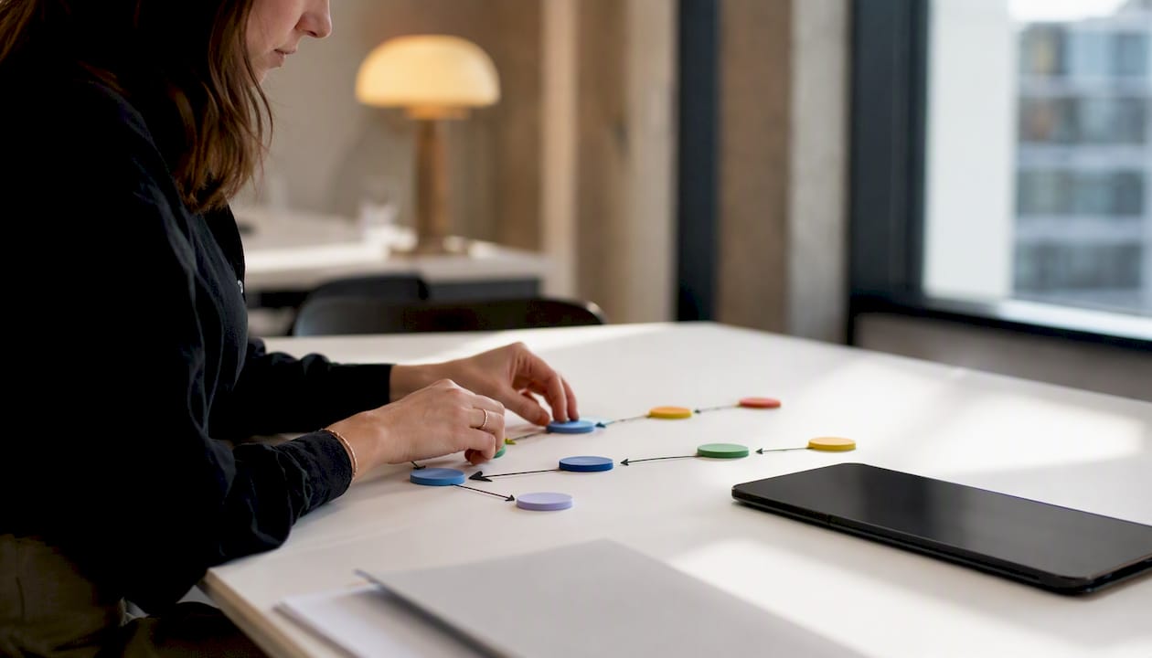 Hand arranging customer success workflow tokens