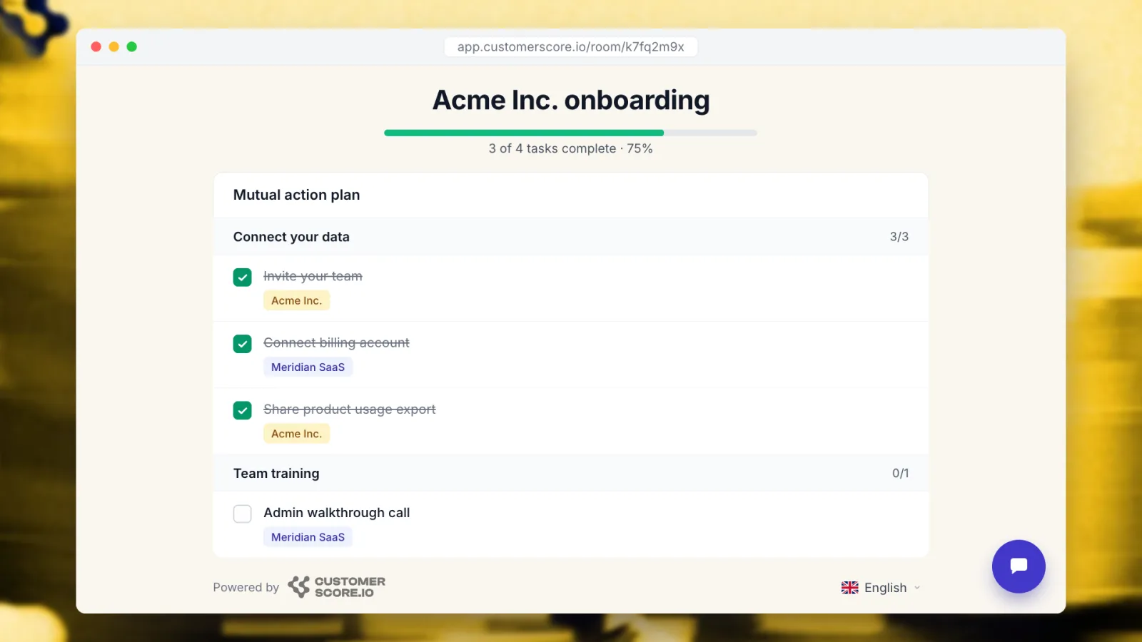A public Customer Room: the mutual action plan with every task owned by one side or the other, a progress bar at the top, the language switcher in the footer and the live chat bubble in the corner