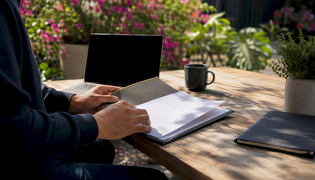 Hands adjusting contract folder on professional desk