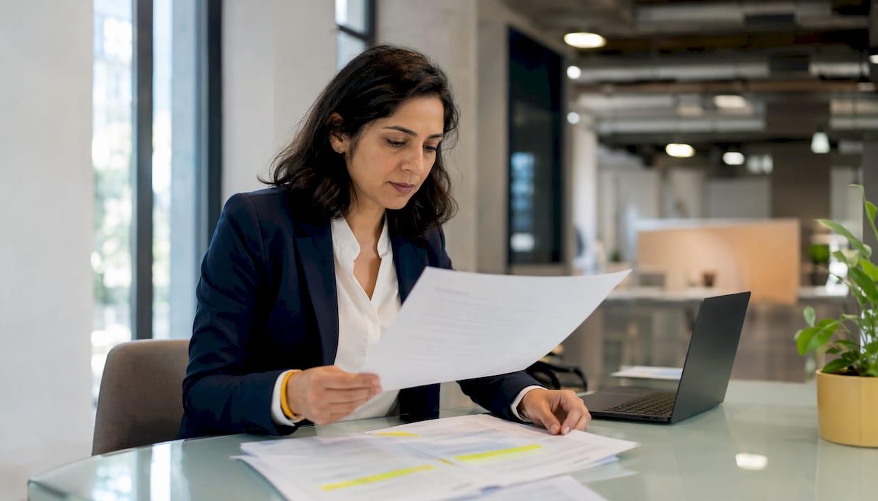 Woman reviewing customer success documents at desk