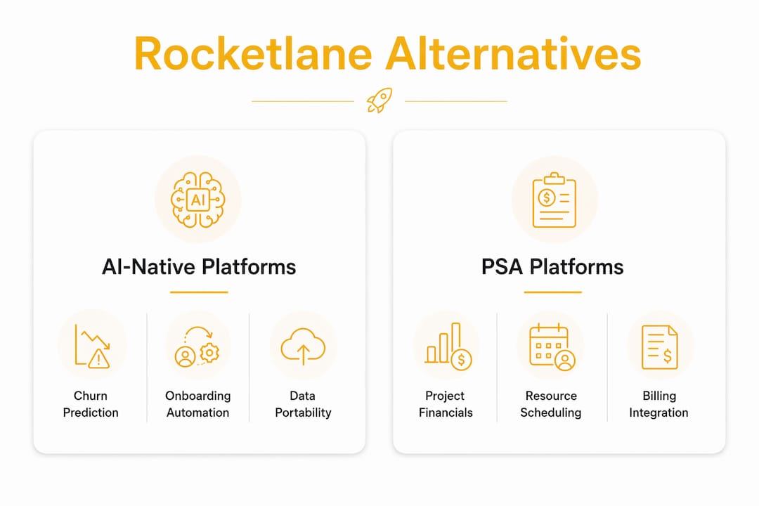 Infographic comparing Rocketlane alternatives by feature categories