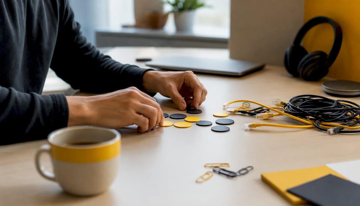 Hands arranging onboarding tokens and cables