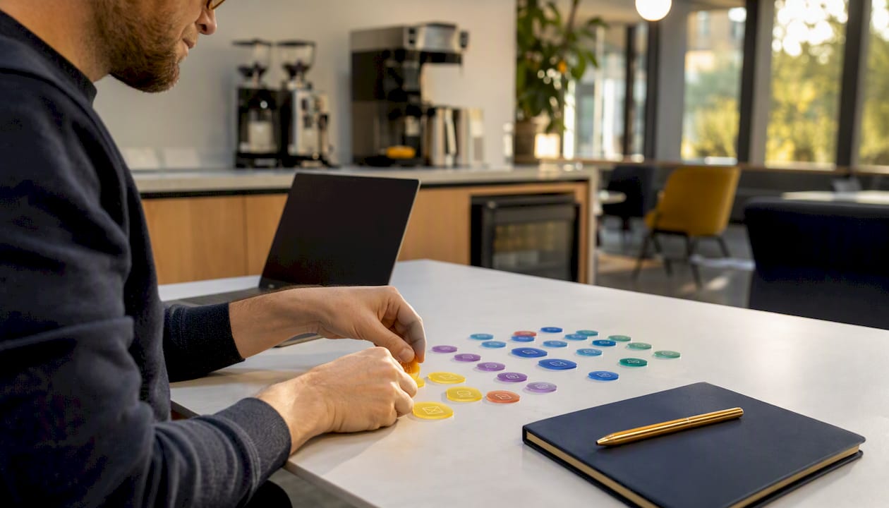 Hands arranging workflow tokens on table