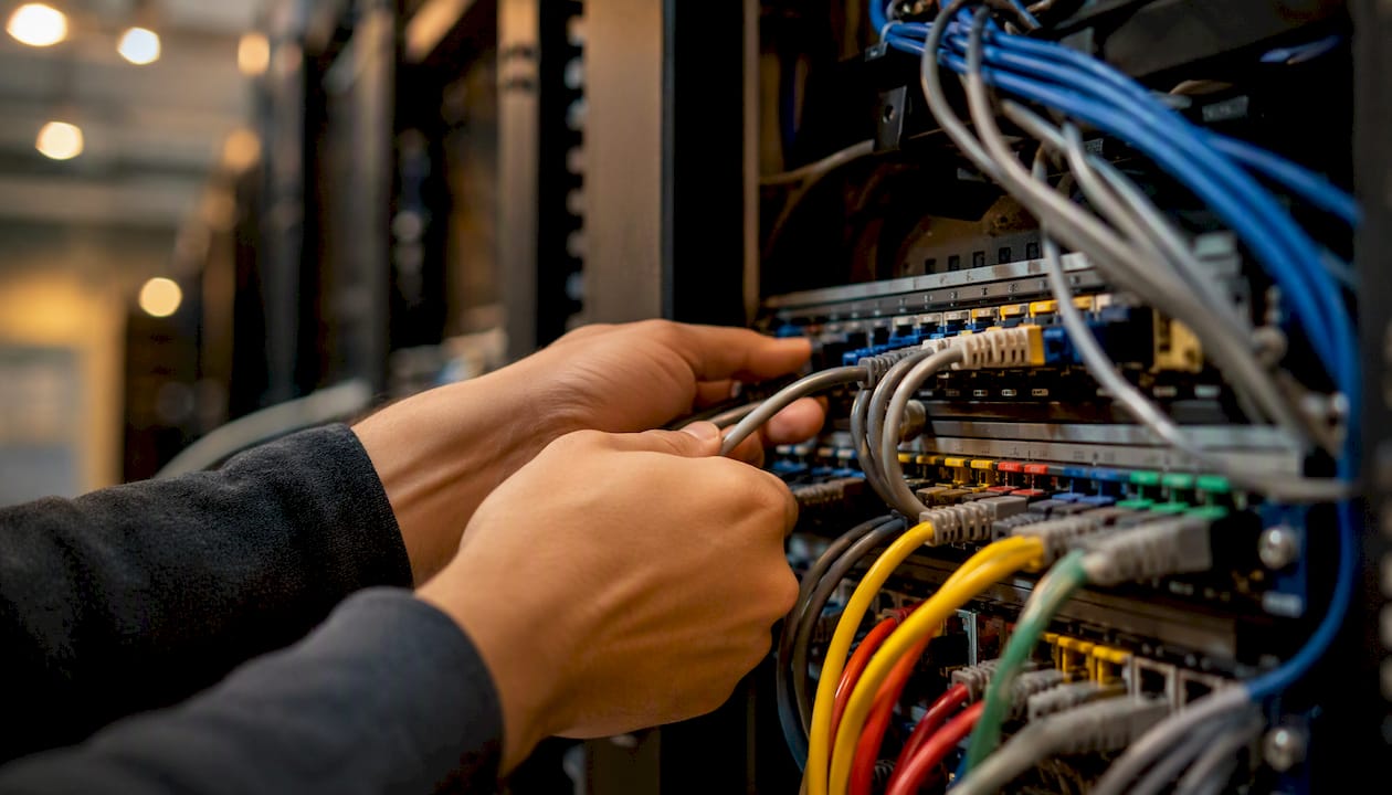 Hands plugging network cables into server patch panel