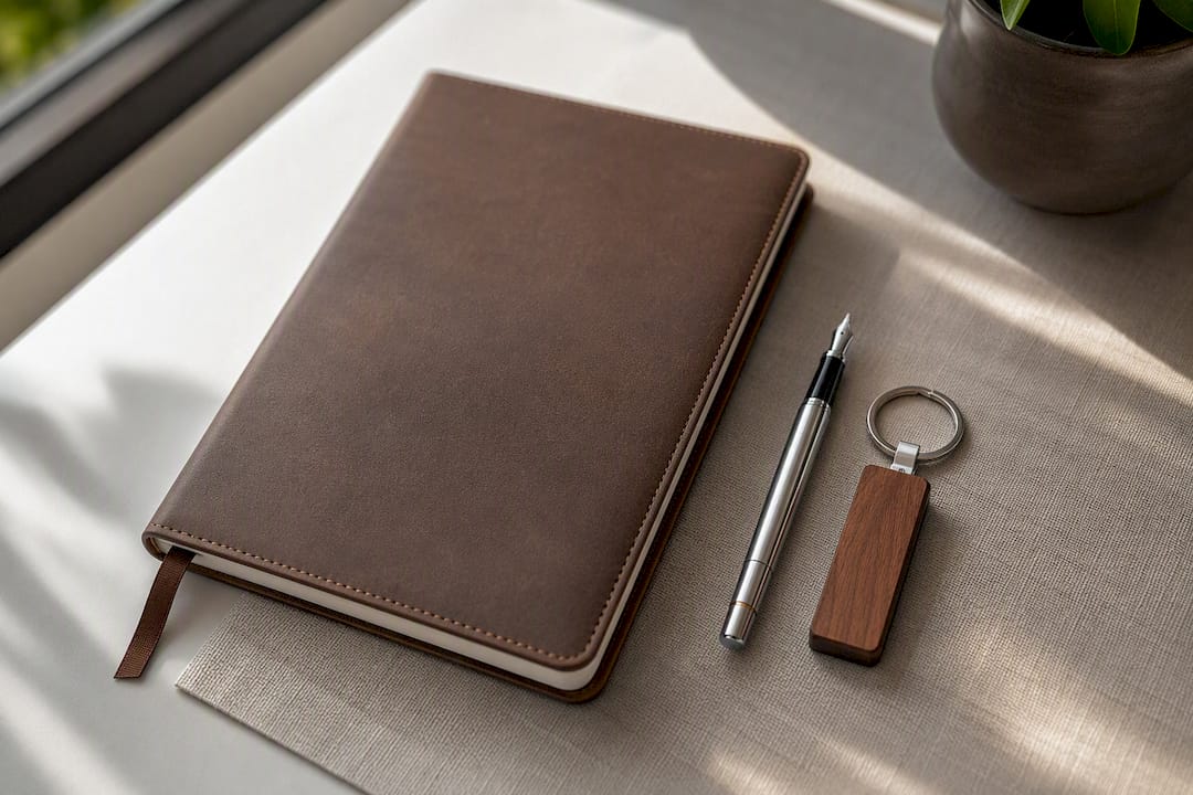 Closed logbook and pen on desk