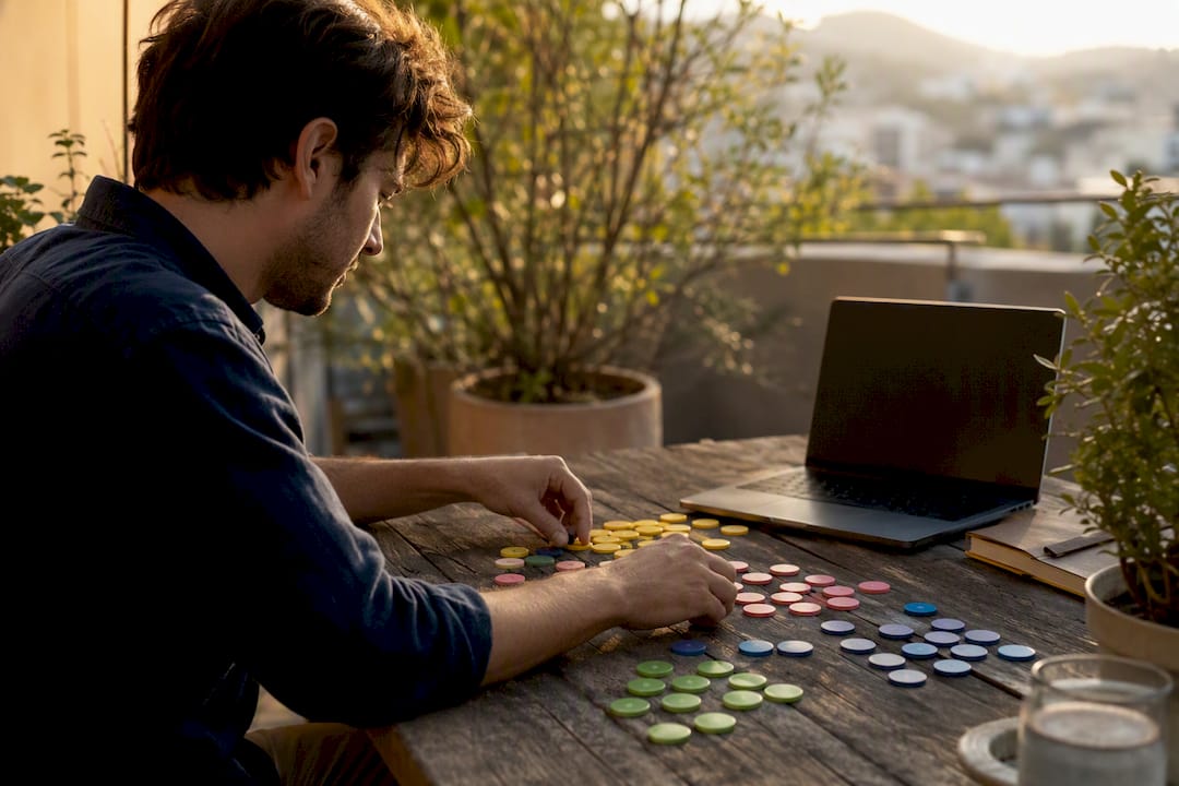 Hands assembling colorful data tokens on table