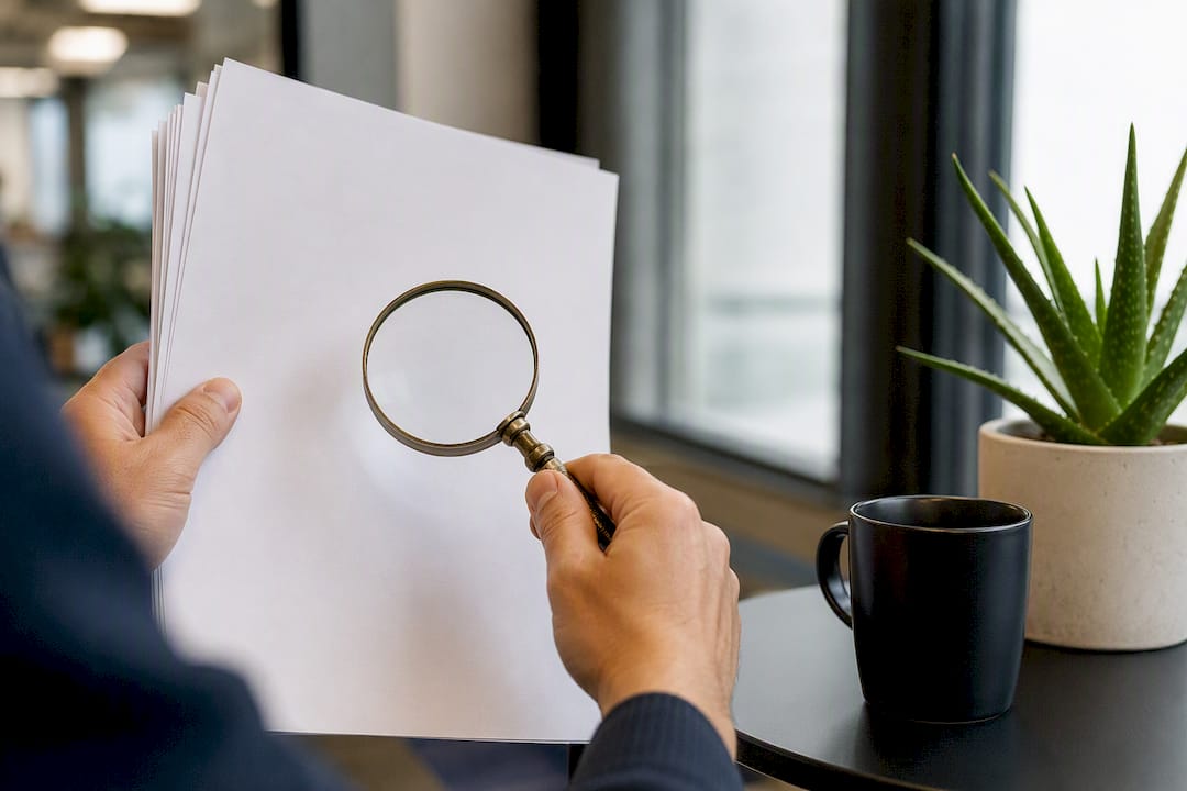 Hand holding magnifying glass over documents