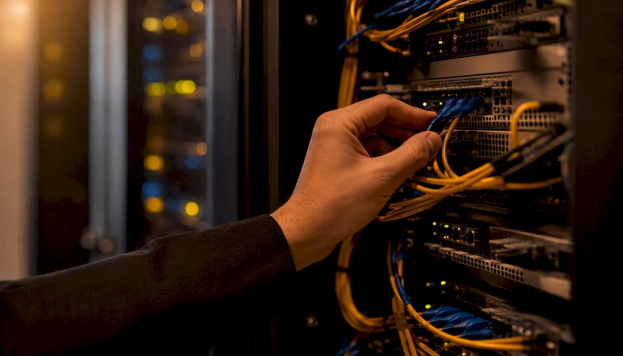 Hand connecting fiber-optic cable in server room