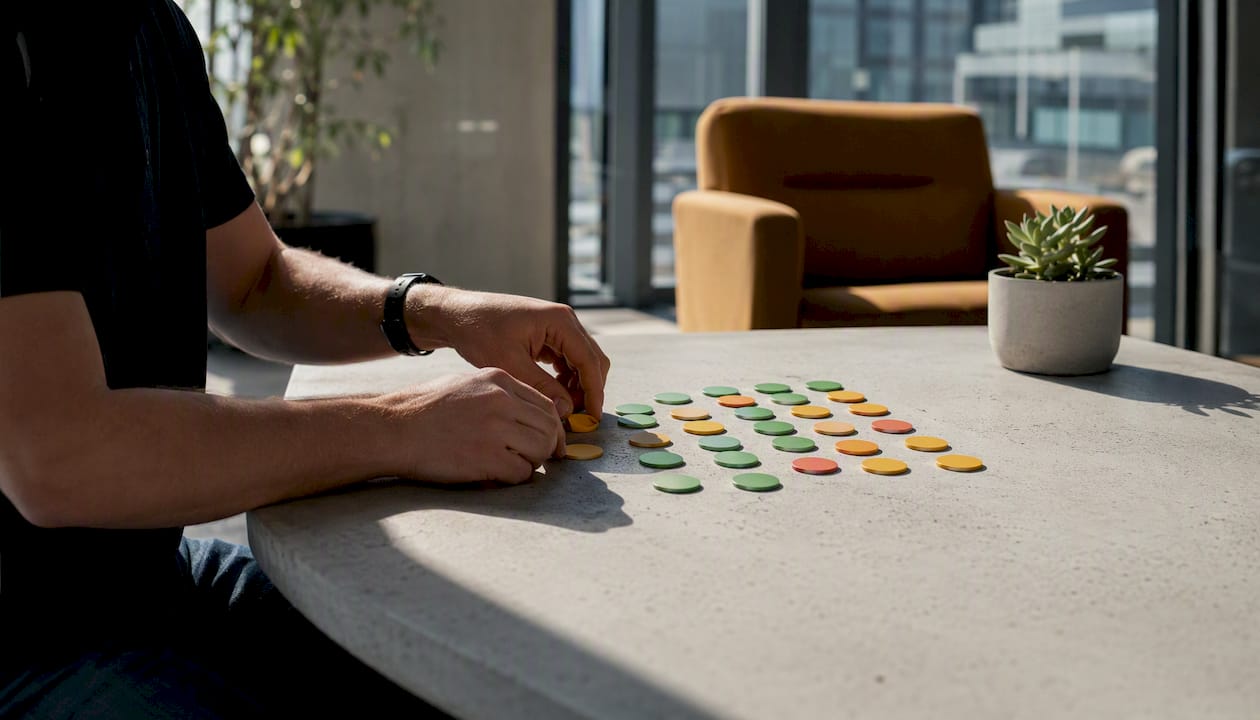 Hands arranging data tokens on desk